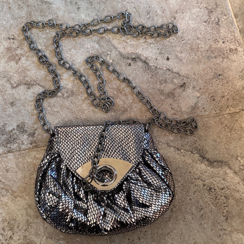 Jessica McClintock evening bag shiny metallic snakeskin metal chain rare Y2K